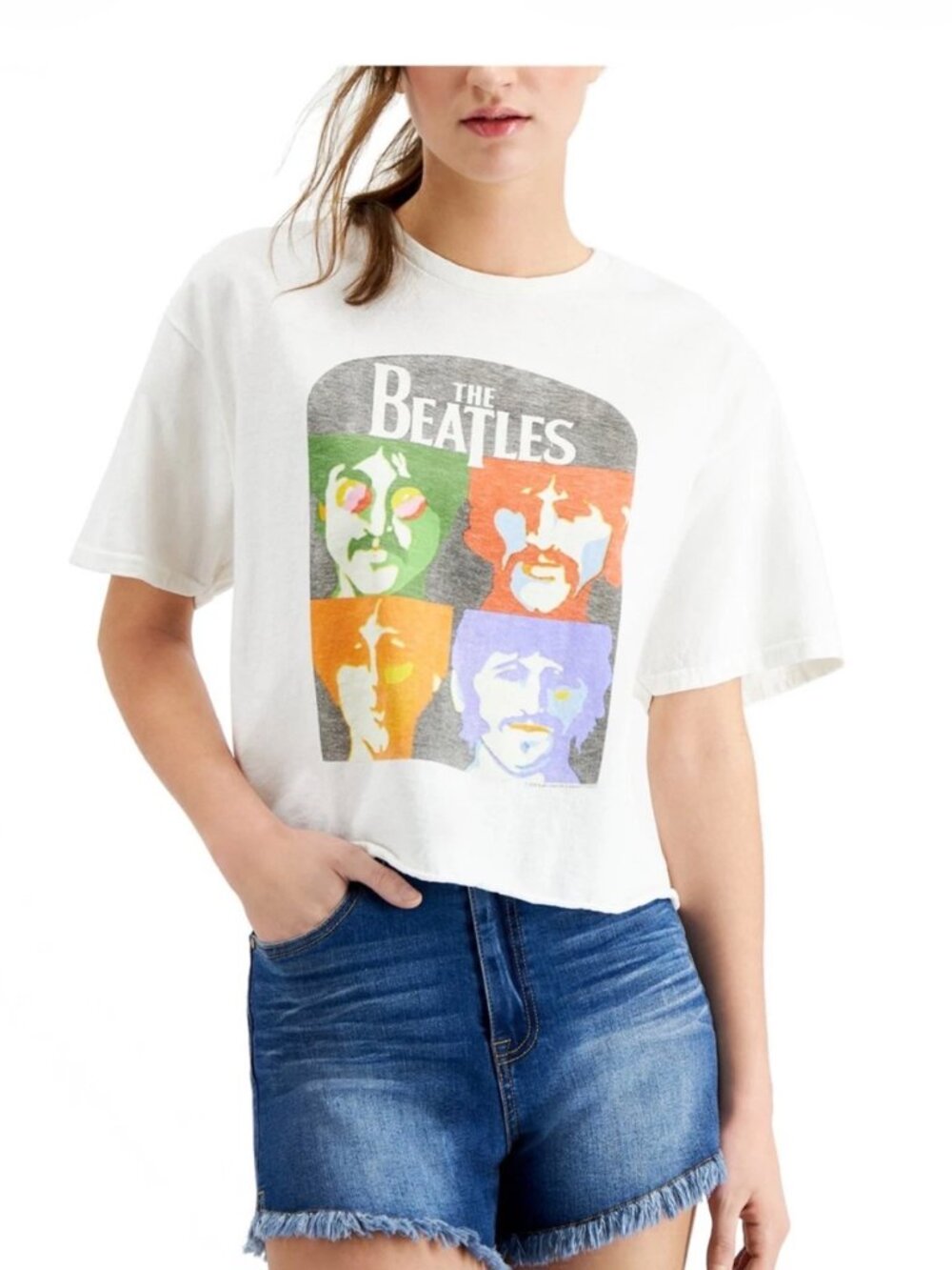 Junk Food Womens The Beatles Crop Graphic T-Shirt, white, Large‎